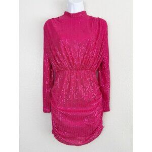 Mundefeis pink sequin long sleeve mock neck ruched mini dress S
